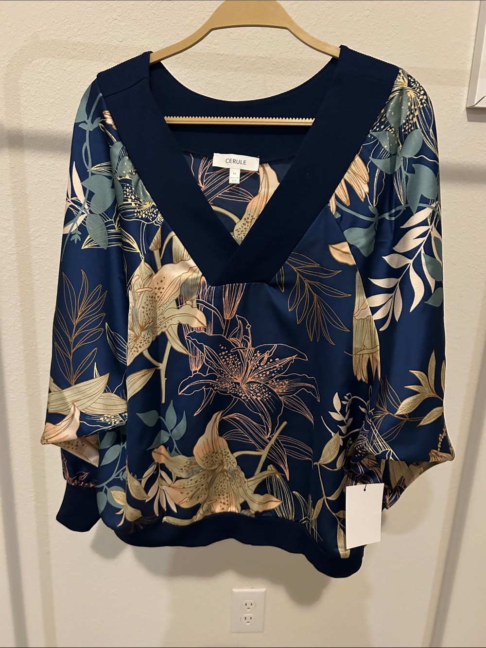 Floral V-Neck Navy Satin Blouse